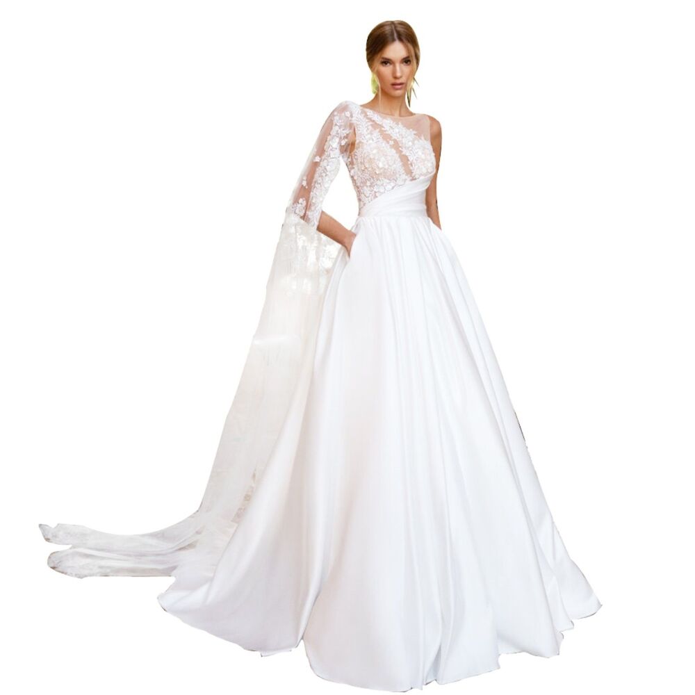 IS-NWT US16 A-Line Satin Wedding Dresses O-Neck Sleeveless Lace 3D Flower Train
